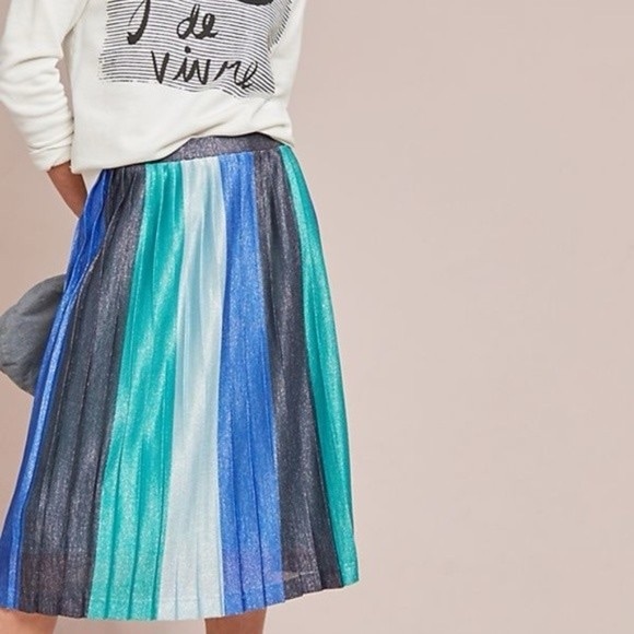 Anthropologie Maeve sunburst pleated midi skirt blue green shimmer stripe small - Picture 2 of 6